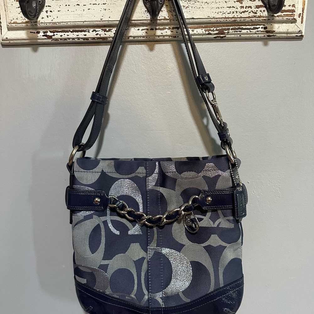 Y2K Coach Moto Silver/Dark Blue and Gray Patterned Bag
